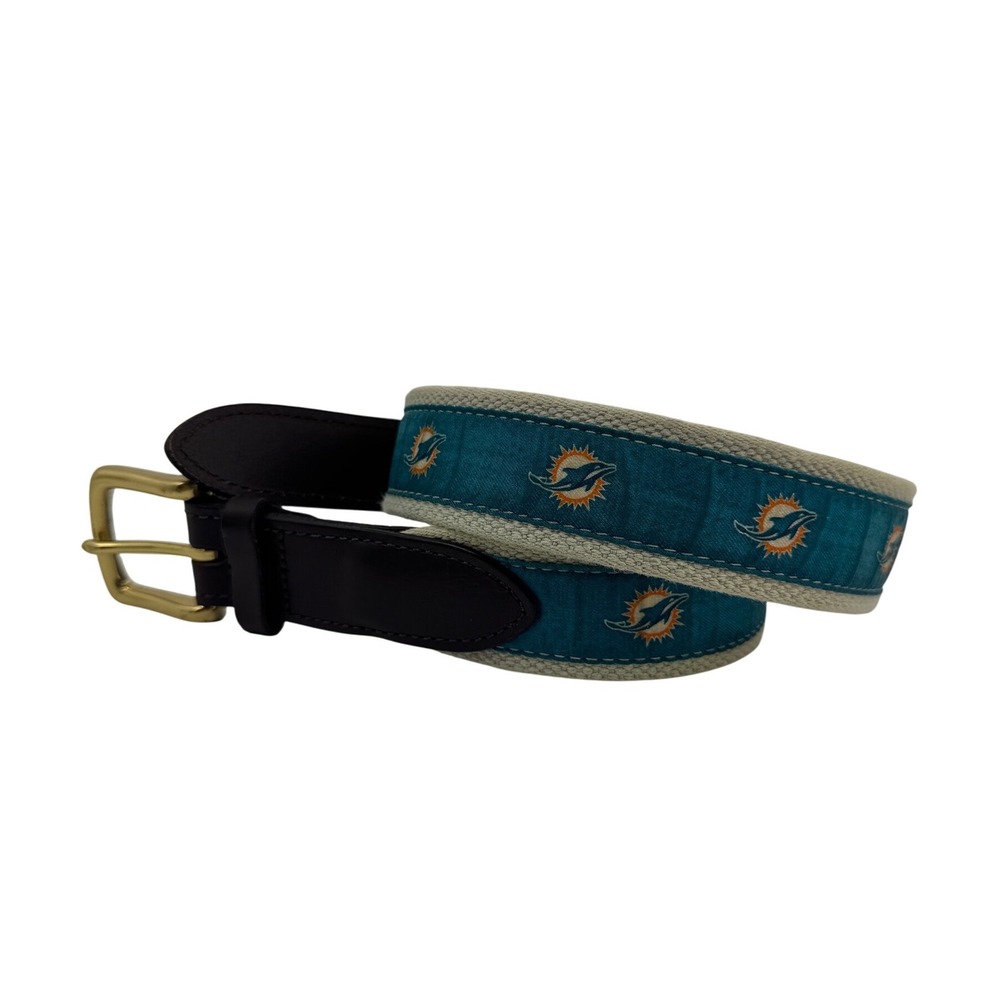 Vineyard Vines Miami Dolphins Silk Canvas Club Belt Brown Leather Brass Size 30